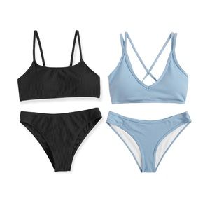 Shein Baby Blue Ribbed Criss Cross Back Bikini & Black Solid Bikini Set Size S